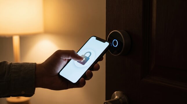 Hand unlocking smart door lock using smartphone in modern home