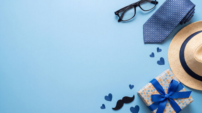 Happy Father's Day greeting card background featuring a gift box, tie, straw hat, glasses, and paper hearts on a blue background.