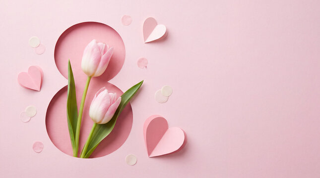 A flat lay conceptual design for International Women's Day featuring a cut-out number 8 with pink tulips and paper hearts on a pastel pink background with copy space.