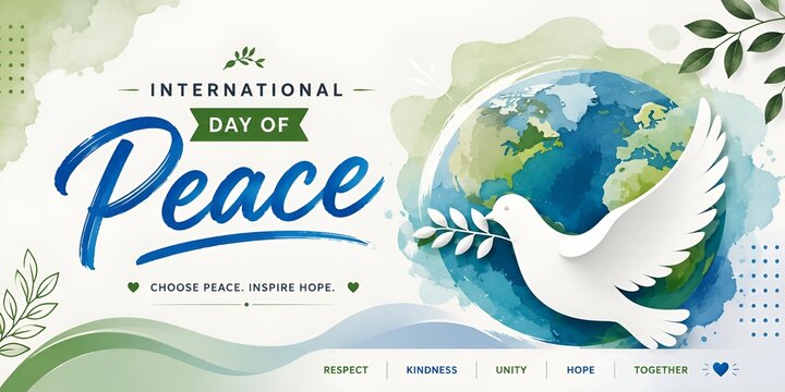 International day of peace poster with white dove and globe watercolor style international watercolor humanity awareness together protection
