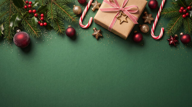 Flat lay Christmas background featuring a wrapped gift box, pine branches, candy canes, and festive ornaments on a green surface with copy space.