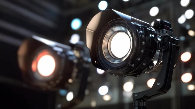 Professional stage lighting shines brightly. Spotlights focus intensely on performance area. Deep shadows frame the glowing beams. Bulb light illuminates with crisp clarity