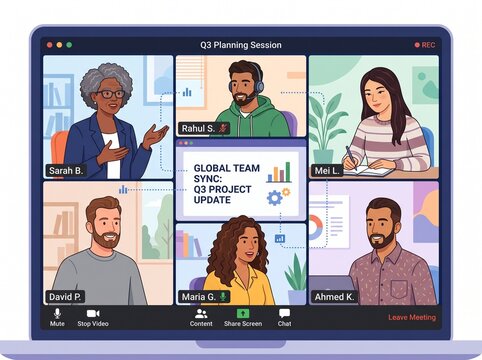 3d render of virtual video conference screen showing global remote team members collaborating in online meeting with q4 growth strategy presentation on laptop