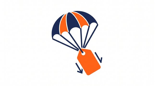 Minimalist parachute price tag icon, orange and navy blue discount label, creative delivery and sale concept on white background
