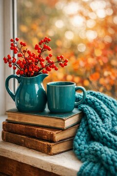 Cozy autumn still life with teal mug and pitcher on stacked vintage books by a window for seasonal home decor background and cozy reading lifestyle scene