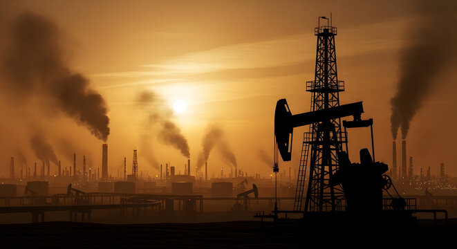 Industrial Oil Field Landscape Silhouette Featuring Drilling Rigs and Smoke Emission Stacks at Sunset
