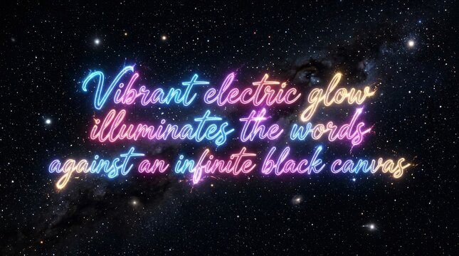 Neon glowing electric cursive typography floating over a dark starry outer space background with vibrant galaxy nebula.