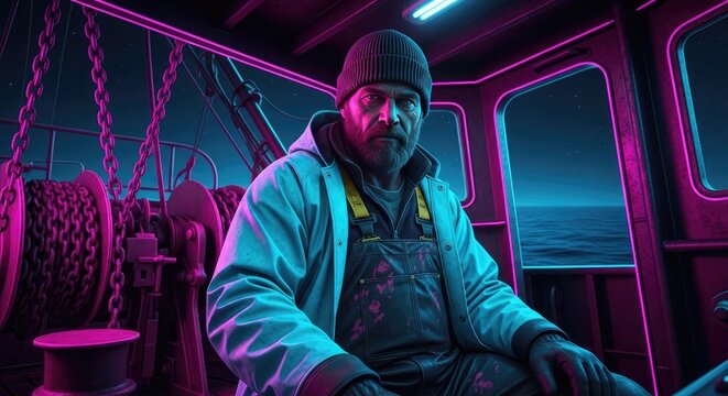 Cinematic portrait of a rugget fisherman inside a boat cabin with vibrant neon lighting