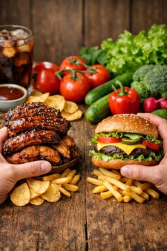 Hands holding loaded cheeseburger and glazed ribs with fries and fresh vegetables on wooden table for hearty comfort food menu banner and casual dining promotion