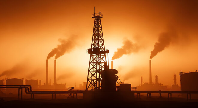 Oil rig derrick and industrial refinery silhouetted against a dramatic orange sky with smoke emission