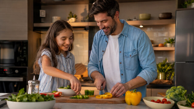 Cheerful father and his young daughter are smiling while cooking healthy vegetable salad together in their warm, modern kitchen, enjoying bonding moment preparing dinner.