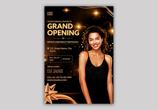 Editable Grand Opening Beauty Salon Invitation Flyer Template with Woman Model and Elegant Black and Gold Design.