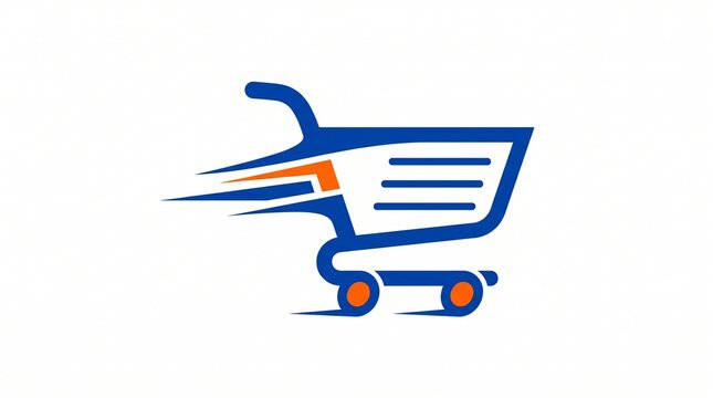 Fast delivery shopping cart logo, blue and orange e-commerce icon, speed motion shopping trolley illustration for retail apps