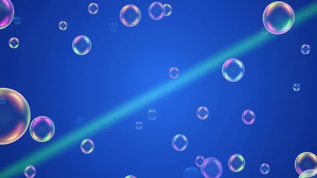 Bubbles float in blue gradient with diagonal light beams and copy space