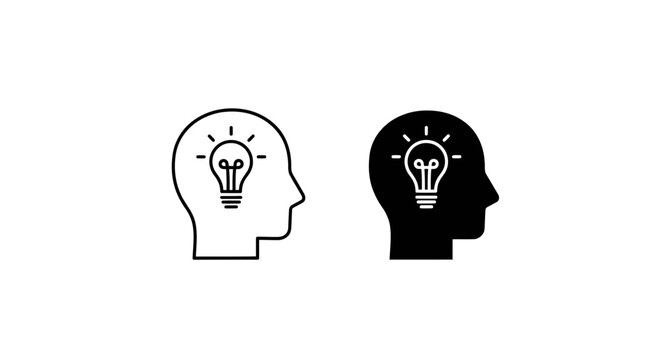 Human head with lightbulb icon black and white graphic design