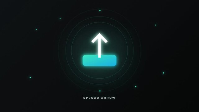 Glowing digital upload icon with circular ripple effect on a dark background.