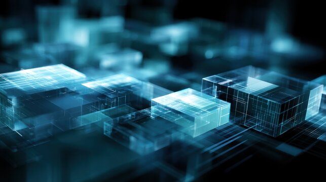 Abstract glowing digital cubes in a futuristic blue grid network