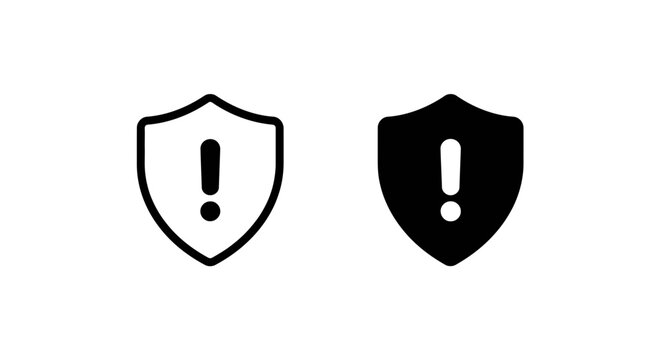 Warning shield icon with exclamation point black and white design