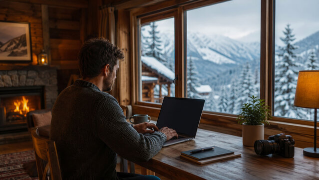 Young man working remotely on laptop in cozy rustic wooden cabin with scenic view of snowy mountains and pine trees through large window during calm winter day