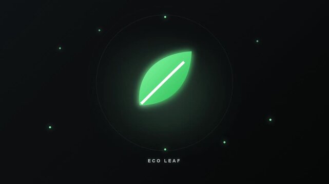 Minimalist glowing green leaf icon on a dark background representing sustainability and nature.