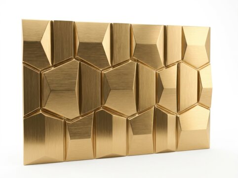 A brushed gold-colored wall panel with a geometric, puzzle-like relief pattern of irregular polygons, viewed from an angled perspective on white