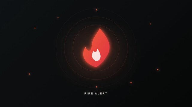 Minimalist fire alert icon design with glowing red flame symbol on dark background.