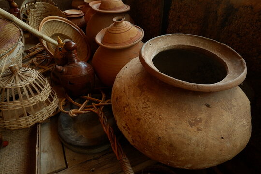 Earthenware Pottery Bowls and Clay Pots on Display at Artisan Shop