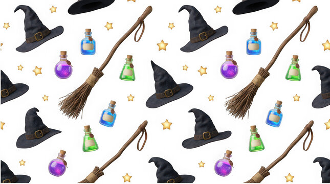 Seamless pattern featuring witch hats brooms and magic potions as a festive halloween png graphic for creative holiday design projects