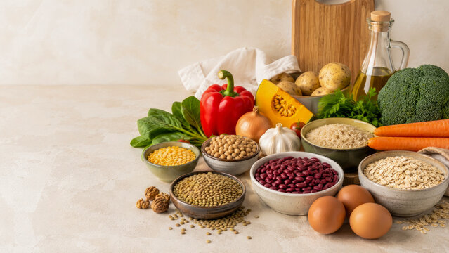 Assortment of Fresh Raw Vegetables, Legumes, Grains, and Eggs Arranged on Kitchen Countertop, Highlighting Healthy Whole Food Ingredients for Nutritious Cooking Recipes