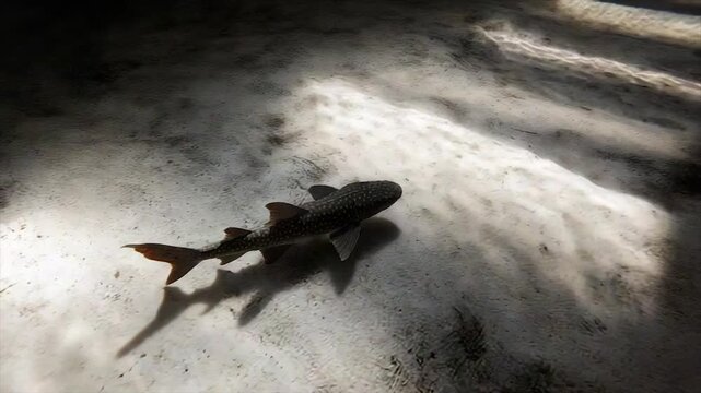 Underwater view of a fish with spots swimming on a sunlit seabed