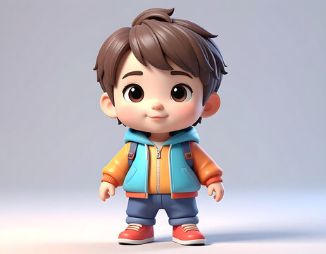 Cute cartoon boy with brown hair wearing a blue jacket and backpack, looking forward