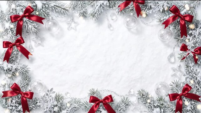 christmas frame with frosted fir branches, red bows, ornaments, blinking lights and white copy space