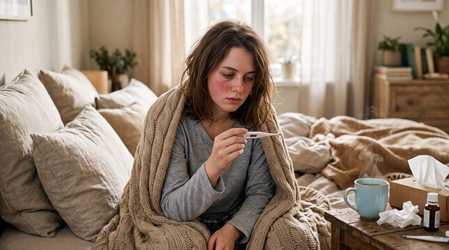 Sick woman covered in a warm knitted blanket checking her high fever with digital thermometer indoors