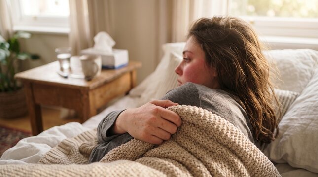 Sick young woman resting in her cozy bed while suffering from a bad seasonal winter flu