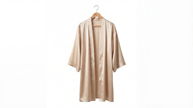 Champagne satin robe hanging on wooden hanger against clean white background presenting elegant sleepwear loungewear fashion comfort luxury minimal style bridal preparation wardrobe concept