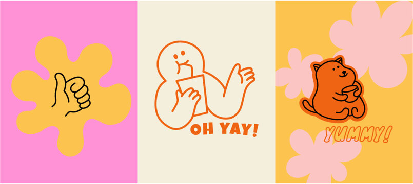 Vector hand drawn doodle mascots and graphic design elements for branding packaging, social media stories and posts, cute characters and shapes
