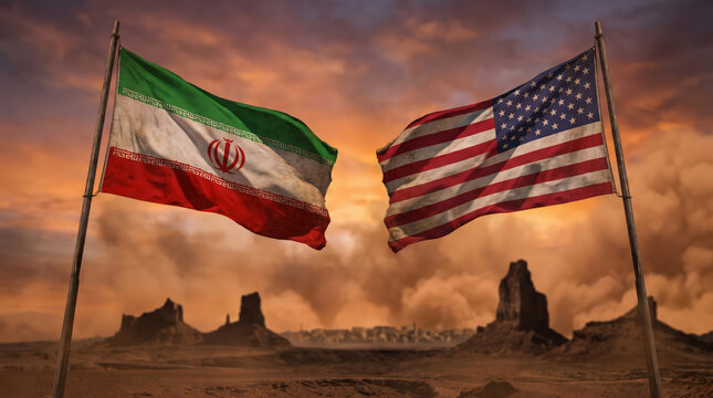 Iran flag facing United States flag across desert landscape under dramatic sunset sky symbolizing geopolitical tension diplomacy conflict negotiation international relations rivalry crisis