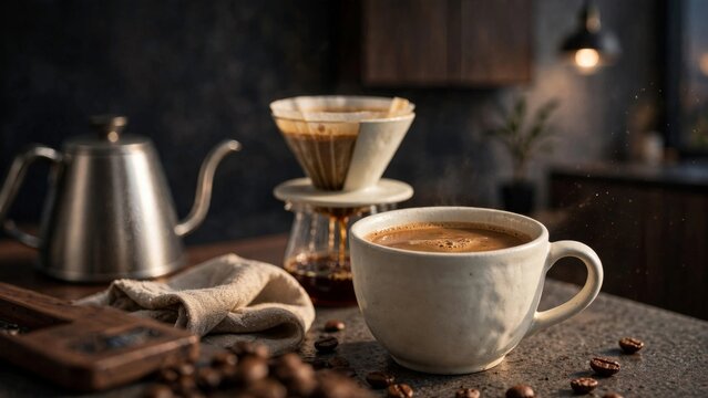 Premium Specialty Coffee Brewing Setup with Pour Over Dripper, Ceramic Cup, Coffee Beans and Warm Cafe Atmosphere
