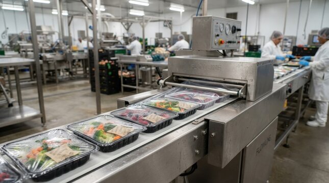 modified atmosphere packaging with vacuum sealed produce trays oxygen absorbers and flow wrap machine on a clean food production line