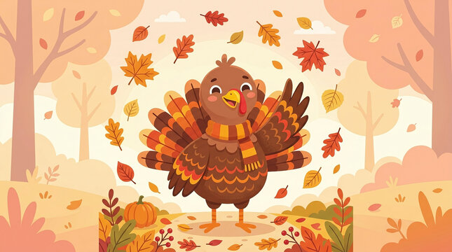 Cute cartoon turkey character standing in forest surrounded by falling autumn