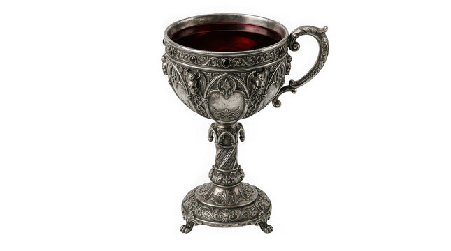 An ornate silver chalice filled with red liquid isolated on a black background for your next halloween png project