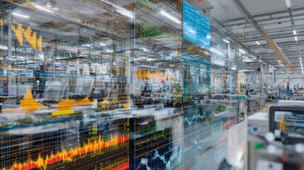 Fototapeta premium Composite image factory interior blurred, overlaid with data visualizations of graphs and charts, depicting manufacturing efficiency