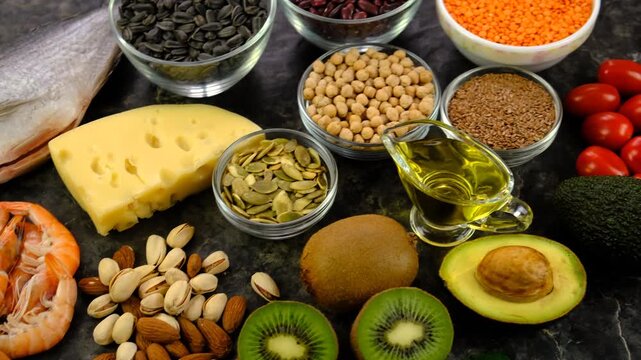 Foods that contain vitamin E. Selective focus.