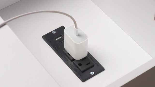 Hand plugging white USB-C power adapter into built-in desk power outlet with integrated USB ports