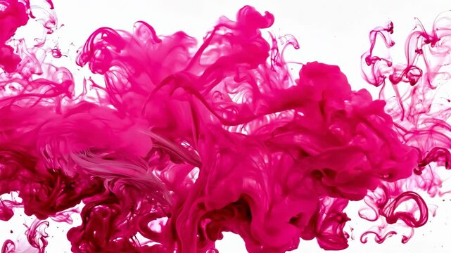 Vivid pink ink diffusing through clear water on a white background, fluid motion concept, abstract color splash, elegant artistic swirl.