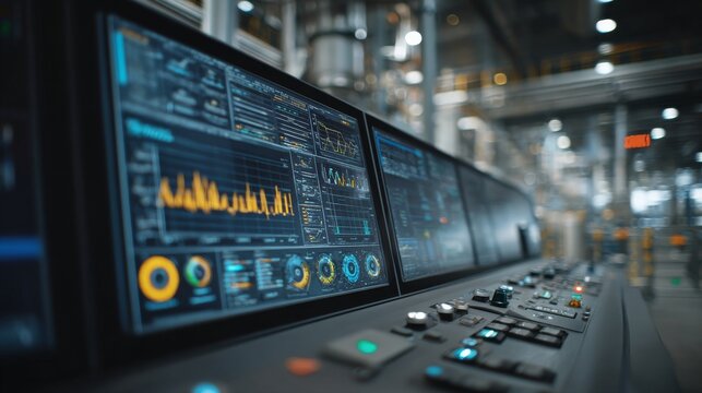 Control panel displaying complex data on multiple screens in a dimly lit industrial setting. Buttons and knobs are visible