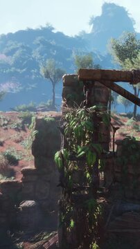A stone structure is shown with hanging plants on a hook. The background has green trees and mountains. Sunlight is coming through the leaves giving a bright appearance to the scene.