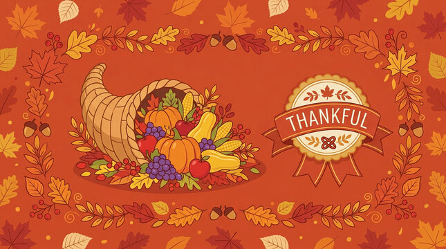 Thanksgiving cornucopia illustration with harvest fruits and thankful typography