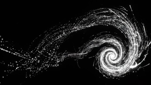 This clip presents a mix of swirling white lights set against a black background. The animation highlights patterns that change and twist fluidly