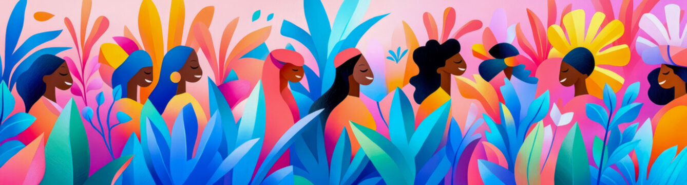 Vibrant Illustration of Diverse Women Surrounded by Lush Tropical Foliage and Radiant Colors Celebrating Femininity, Unity, and Empowerment in Stylized Flat Art Aesthetic